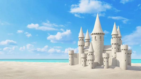 Praia de Sandcastle no céu brilhante. Renderização 3d — Fotografia de Stock