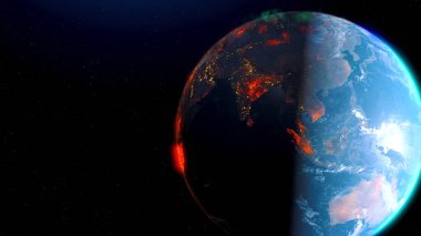 Uzay rotasyonundan gece ufkuna Dünya 'nın vahşi ateş manzarası. Sera gazı etkisi. Gerçekçi 3 boyutlu animasyon. NASA tarafından desteklenen bu görüntünün ögeleri.
