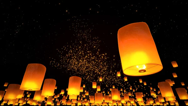 Beautiful Lanterns flying in night sky — Stock Photo, Image