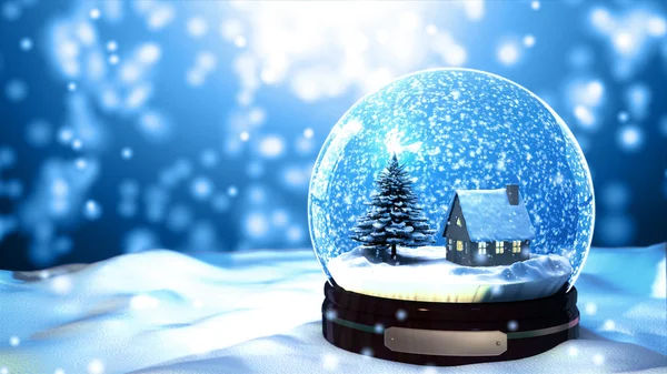 Christmas Snow globe Snowflake with Snowfall on Blue Background — Stock Photo, Image