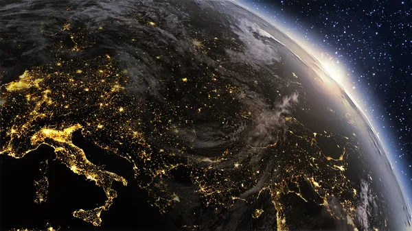 Planeet aarde Europa zone met nachttijd en zonsopgang — Stockfoto