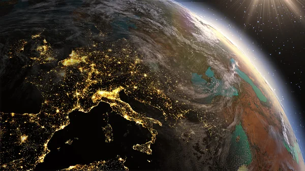 Planeet aarde Europa zone met nachttijd en zonsopgang — Stockfoto