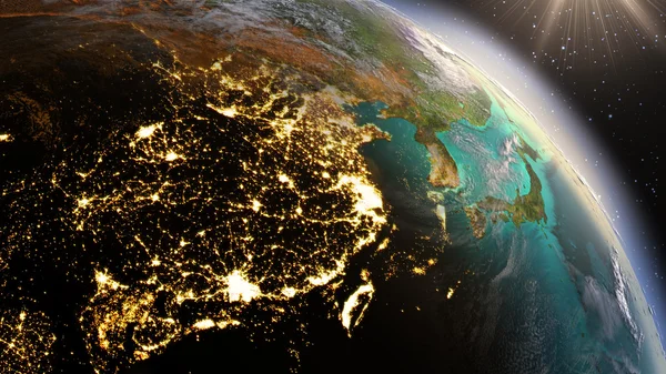 Πλανήτης γη νύχτα και την Ανατολή του ηλίου. Χρησιμοποιώντας δορυφορικές εικόνες της Nasa — Φωτογραφία Αρχείου