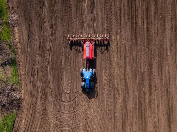 Top view from drone of big tractor with cultivator ploughs field