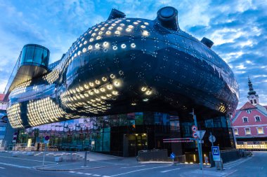 Lit Kunsthaus Graz in the evening - Graz, Avusturya