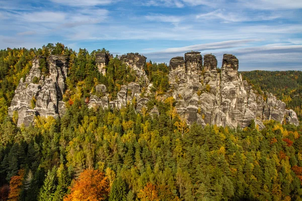 사암 바위, 숲 Bastei, 독일의 파노라마 — 스톡 사진