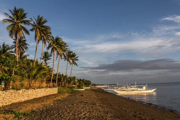 Θέα θάλασσα, παραλία, βάρκες και φοίνικες, δέντρα-Φιλιππίνες — Φωτογραφία Αρχείου