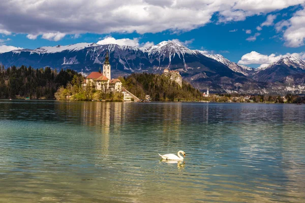 Bled tó, sziget, templom, vár, hegyi-Szlovénia — Stock Fotó