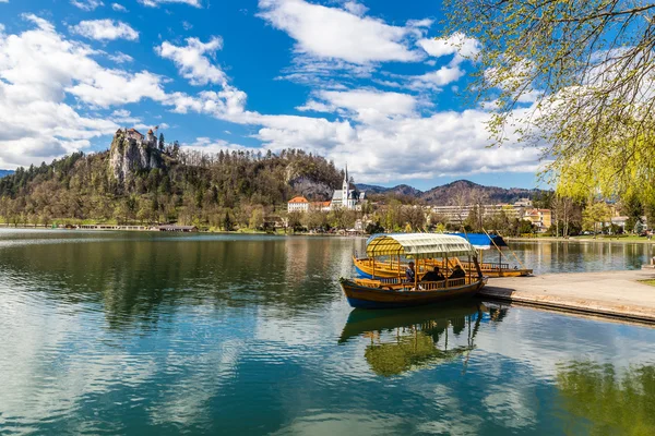 Bled Lake,Boat,Castle,St.Martin templom-Bled, Szlovénia — Stock Fotó