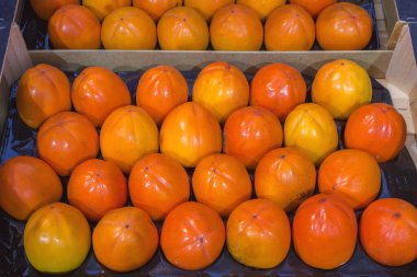 Açık hava sebze pazarında kutularda olgun hurma. Sonbahar çiftçi pazarındaki yerel ürünler. Yüksek kalite fotoğraf