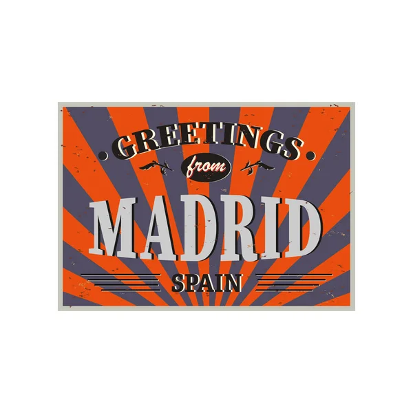 Tarjeta de felicitación turística Vintage - Madrid España - Vector EPS10. Los efectos grunge se pueden quitar fácilmente para un signo nuevo y limpio. — Vector de stock
