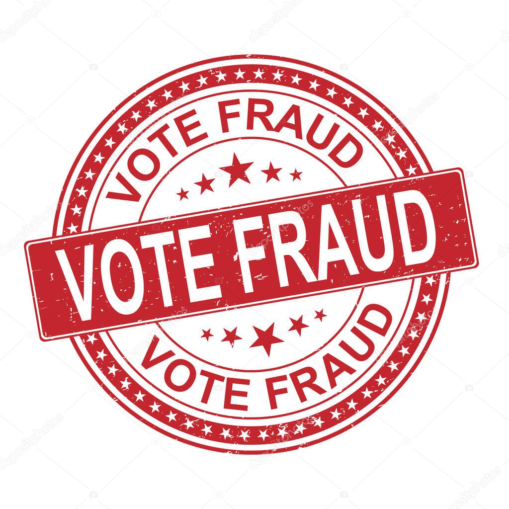 Round cheat VOTE FRAUD stamp on white.