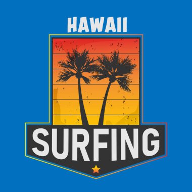 Okyanus dalgaları ve palmiye ağaçları vektör dizaynlı klasik Hawaii Aloha sörf grafiği. Sörf okyanusu dalgası ve palmiye, renkli vintage çizim ağacı
