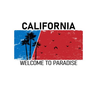 Kaliforniya 'da sörf konulu vektör illüstrasyon. California Cennete Hoş Geldiniz. Grunge 'un geçmişi. Tipografi, tişört grafikleri, poster, baskı, afiş, broşür, kartpostal