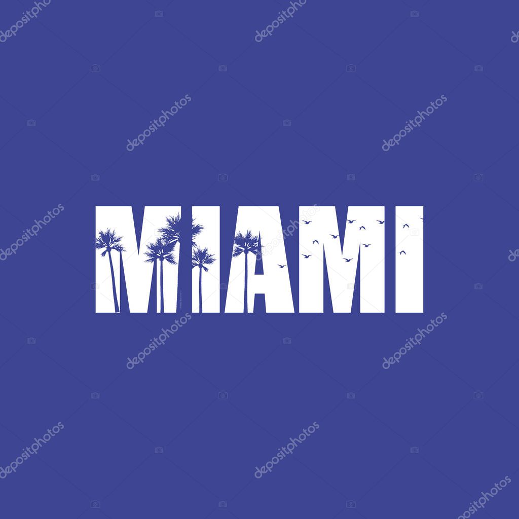 Miami beach typography. Summer tropical t-shirt graphics print. Vector palm leafs illustration