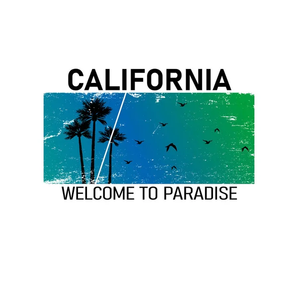 Vector illustratie over het thema surfen en surfen in Californië, strand. Grunge achtergrond. Vintage ontwerp. Stempel typografie, t-shirt graphics, print, poster, banner, flyer, ansichtkaart — Stockvector