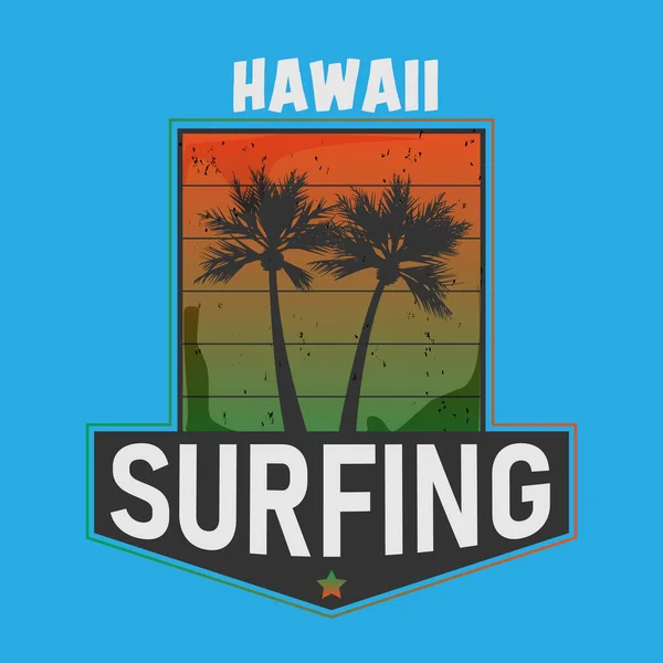 Vektorová ilustrace na téma surfování a surfování na Havaji, pláž. Grunge pozadí. Typografie, tričko, plakát, tisk, banner, leták, pohlednice — Stockový vektor