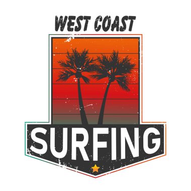 Batı yakası sörf illüstrasyonları, vektörler, tişört grafikleri, tişört tasarımları, yaz plajı palmiye ağacı grafikleri, tipografi sanatı, eyalet batı kıyısı seyahat hatırası.