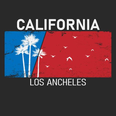 Los Angeles, California temalı vektör illüstrasyonu. Grunge tasarımı. Tipografi, tişört grafikleri, poster, baskı, afiş, broşür, kartpostal