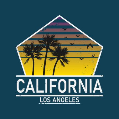 Kaliforniya, Los Angeles tipografisi. Tropik palmiyeli tişört grafikleri. Vektör