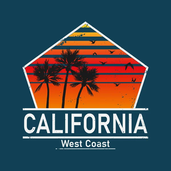 California costa oeste surf ilustración, vectores, gráficos camiseta surf ropa camiseta diseño de moda, verano playa palmera tee gráfico, arte tipográfico, estado oeste costa viaje souvenir — Vector de stock