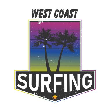 Eski sörf etiketi. Kaliforniya batı kıyısı sörfçülerinin logosu. Modern gradyan sörf tahtası tasarımı için vektör illüstrasyonu.