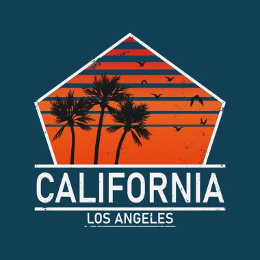 Kaliforniya Los Angeles stil palmiyeli tişört izi. Tişört tasarımı, grafikler, pul, etiket, tipografi.