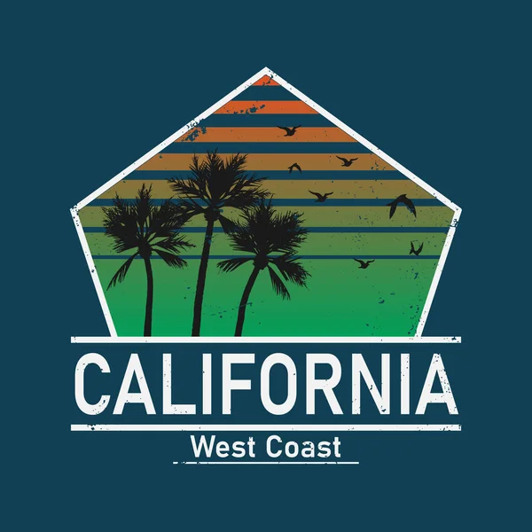 California costa oeste surf ilustración, vectores, gráficos de la camiseta ropa de surf diseño de moda camiseta, verano playa palmera tee gráfico, arte tipográfico, — Vector de stock