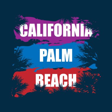 California Palm Beach 'te. İllüstrasyon, vektörler, t-shirt grafikleri California giysi tasarımı, yaz plajı palmiye ağacı tişörtü grafiği, tipografi, sanat, eyalet batı yakası seyahat hatırası.