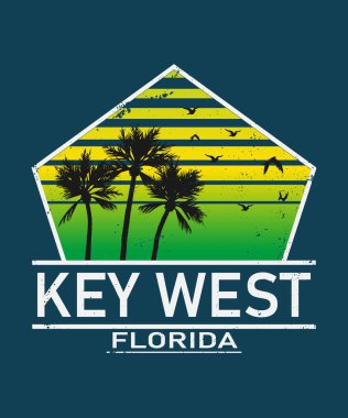 Key West Florida parmak izi. Tipografi tasarımı. Gömlekte desen var. Florida illüstrasyonu. Eski tarz. - vektör illüstrasyonu