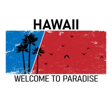 Hawaii, Honolulu sahillerinde sörf ve sörf konulu vektör illüstrasyon. Grunge 'un geçmişi. Tipografi, tişört grafikleri, poster, baskı, afiş, broşür, kartpostal