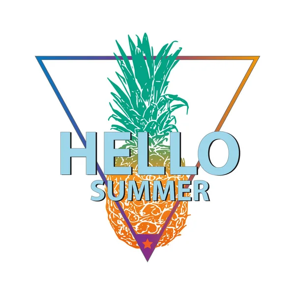 Vector zomer achtergrond met de hand getekende ananas en met de hand geschreven tekst Hallo zomer. Heldere poster met exotisch fruit, belettering en grunge textuur. — Stockvector