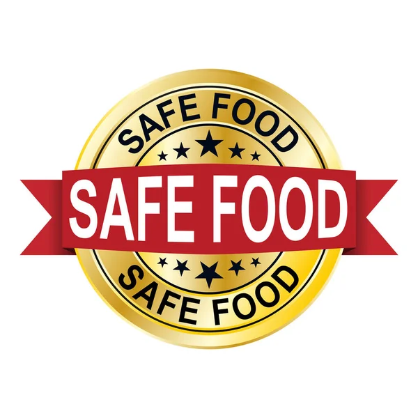 Alimentos seguros insignia de oro 3d con cinta roja en blanco — Archivo Imágenes Vectoriales