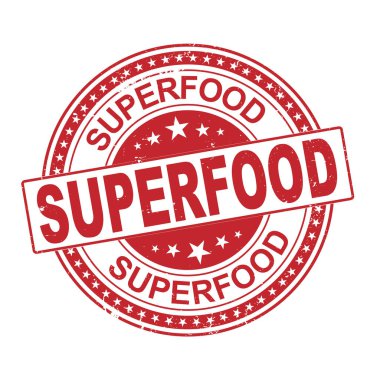 Beyaz arkaplanda süper yiyecek damgası, vektör illüstrasyonu