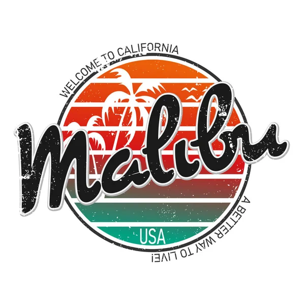 Tipografía deportiva de surf Malibu, gráficos de camisetas, vectores — Vector de stock