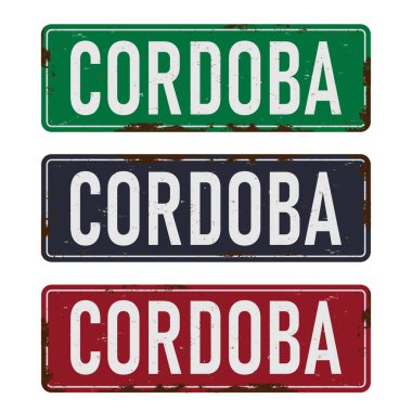 Beyaz zemin üzerinde Cordoba vintage paslı metal plaka, vektör illüstrasyon