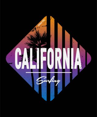 Kaliforniya 'da sörf ve sörf konulu vektör illüstrasyon, Santa Monica Plajı. Klasik tasarım. Grunge 'un geçmişi. Pul tipografisi, tişört grafikleri, baskı, poster, afiş, broşür, kartpostal.