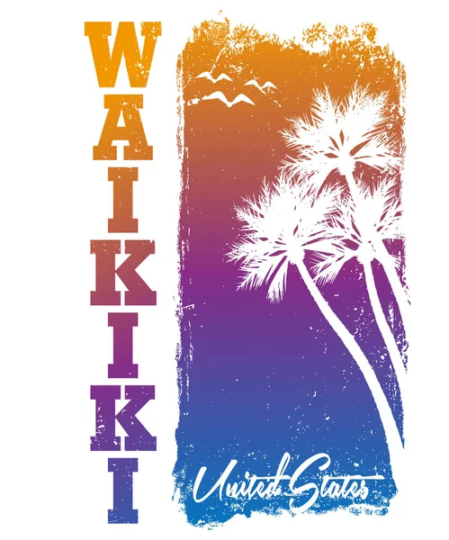 Hawaje Waikiki tee print z palmami. Projekt koszulki, grafika, znaczek, etykieta, typografia — Wektor stockowy