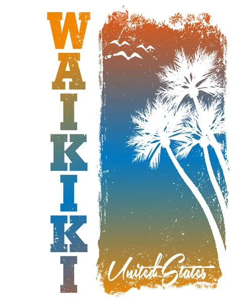 Hawaii Waikiki tee print con palmeras. Diseño de camisetas, gráficos, sello, etiqueta, tipografía — Vector de stock