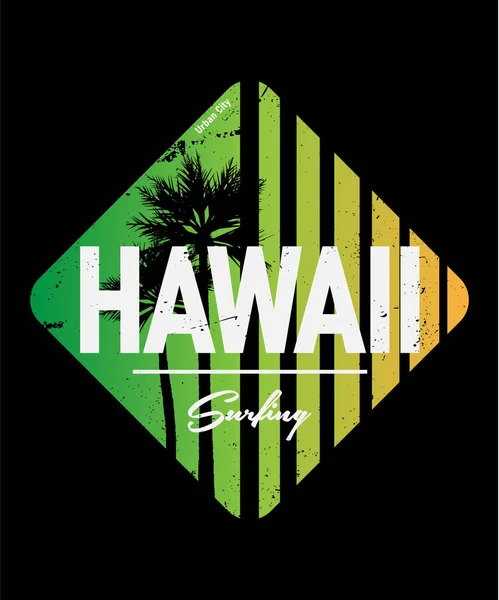 Ilustración vectorial sobre el tema del surf y el surf en Hawaii. Fondo grunge. Tipografía, T-shirt graphics, print, poster, banner, flyer, postal. — Vector de stock