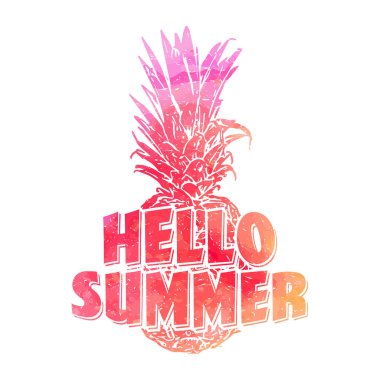 Merhaba Summer harfleri elle çizilmiş stil. Metni ve çam kozalağı olan tropik bir vektör. Kartpostallar, posterler, arka plan, baskı, pankartlar için kavram ve kompozisyon