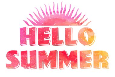 Merhaba Summer. Parlak renkli suluboya arka planda düz palmiye ağaçları olan modern kaligrafik tişört tasarımı.