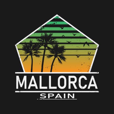 Mallorca. Çok renkli, komik bir karikatür çerçevede izole edilmiş. Renkli harfler. İspanya Mallorca, giysi baskısı, İspanyol tişörtü, afiş, broşür, kart, hatıra. Stok vektör resmi.