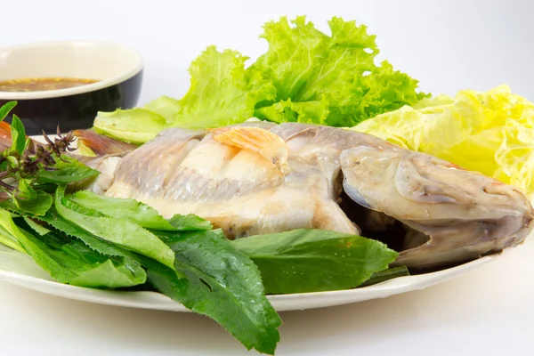 Парова риба з овочами та соусом на білому тлі — стокове фото
