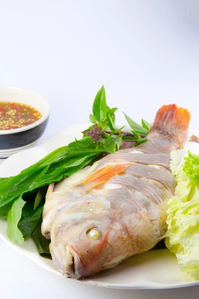 Kokt fisk med grönsaker och sås på vit bakgrund — Stockfoto