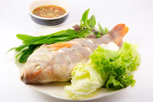 Peixe cozido no vapor com legumes e molho no fundo branco — Fotografia de Stock