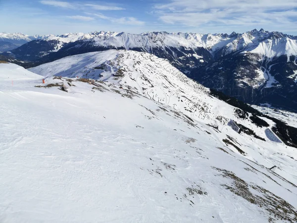 Peaks Montanha Cobertos Neve Serfaus Fiss Ladis Áustria Europa — Fotografia de Stock