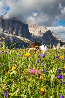 Sihirli Dolomitler dağları, Tofane grubu manzarası Cinque Terre 'den Tofana di Roses önde.