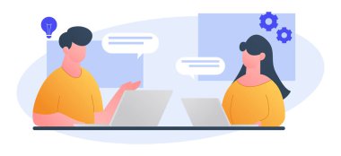 Erkek ve kadın açık dizüstü bilgisayarla, vektör illüstrasyonuyla konuşuyor.