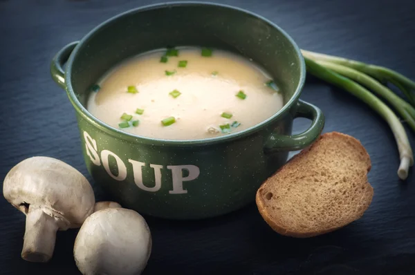 Грибной суп с хлебом и луком — стоковое фото